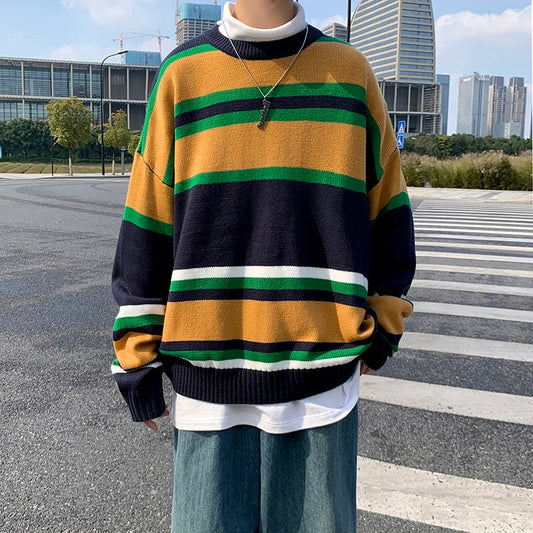 sanyamk Japan Style Vintage Sweater Men Contrast Color Striped Loose Knitted Pullover Casual pull homme Young Man Streetwear Clothing