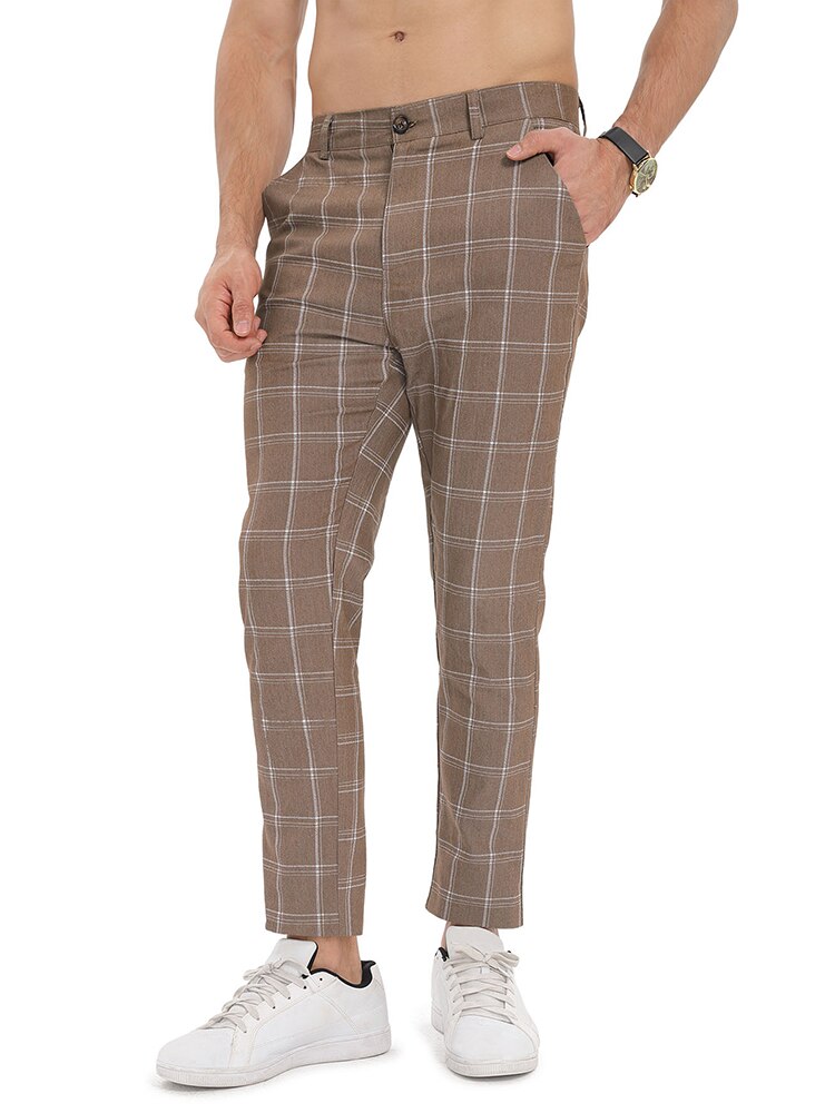 Bonsir Vintage Men Plaid Print Pants Autumn Casual Buttoned Mid Waist Straight Trousers Mens Fashion Striped Long Pant Male Streetwear