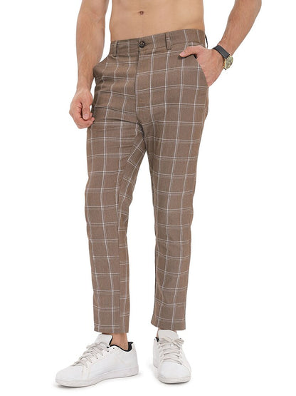 Bonsir Vintage Men Plaid Print Pants Autumn Casual Buttoned Mid Waist Straight Trousers Mens Fashion Striped Long Pant Male Streetwear