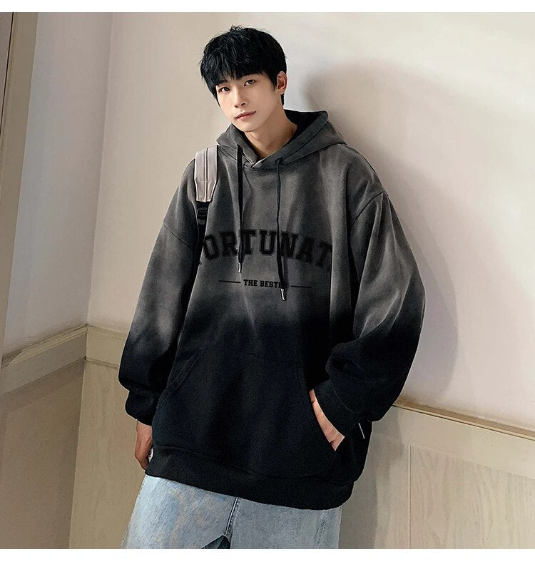 Bonsir Tie-dye Gradient Sweatshirt Men's Retro Hooded Oversize Jacket Spring Autumn Long Sleeves Letter Print Pocket Loose Hoodies Tops