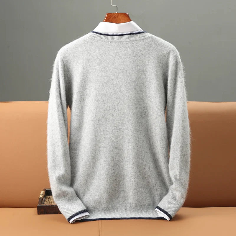 sanyamk Autumn Winter New Men's Sweater 100% Mink Cashmere Top V-Neck Knitted Pullover Casual Large Size Base Shirt warm Thick Menswear