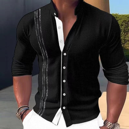 sanyamk Cotton Linen Shirts Men Fall Vintage Patchwork Button-up Stand Collar Shirt Casual Loose Long Sleeve Men's Beach Shirt Oversized