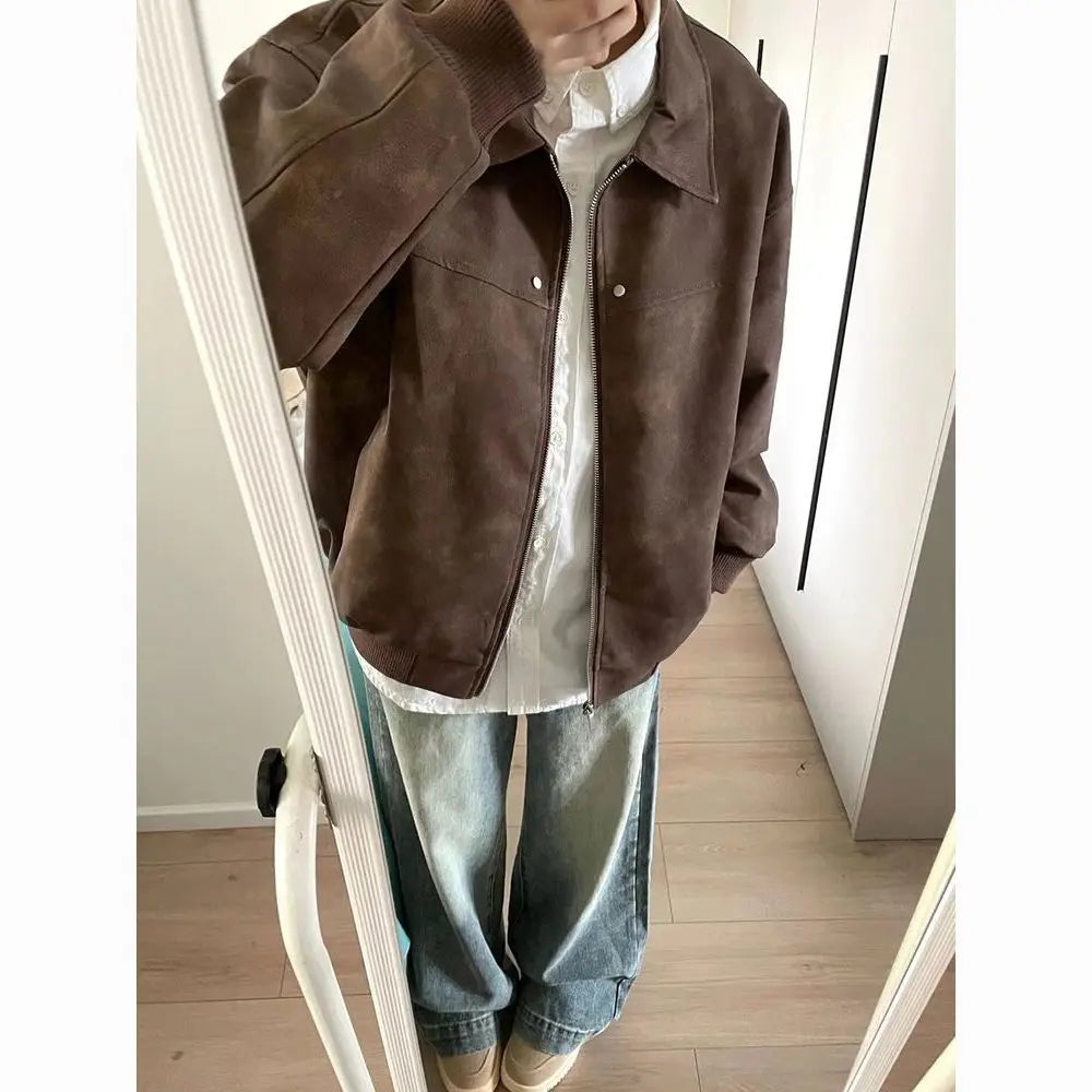 sanyamk PU leather American retro jacket men and women spring and autumn styles lapel baseball jacket couple trendy leather jacket y2k