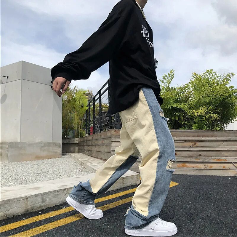 sanyamk Vintage Patchwork Hip Hop Mens Pants American Retro Designer Ripped Jeans Y2k Streetwear Loose Male Daily Casual Baggy Trousers