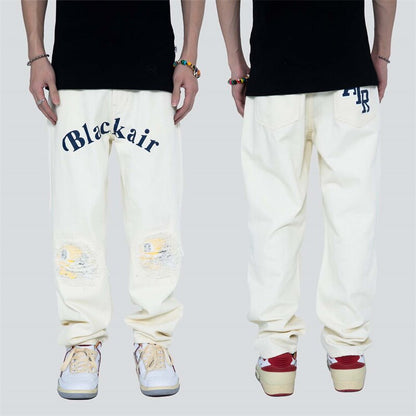 Bonsir High Street Ink Printing Letter Jeans Men Loose Hip Hop Smiley Face Ripped Hole Denim Pants Straight Jeans Male