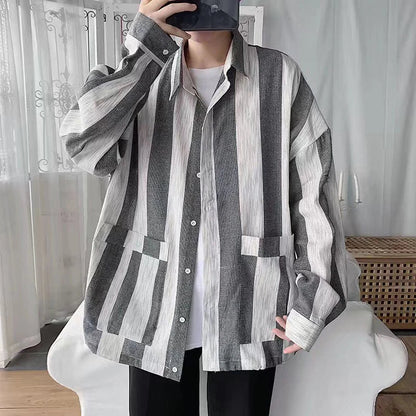 Bonsir Green White Vertical Striped Long Sleeve Shirt  Men Oversized Blouses Spring Fall Fashion Japan Vintage Hit Color Cardigan
