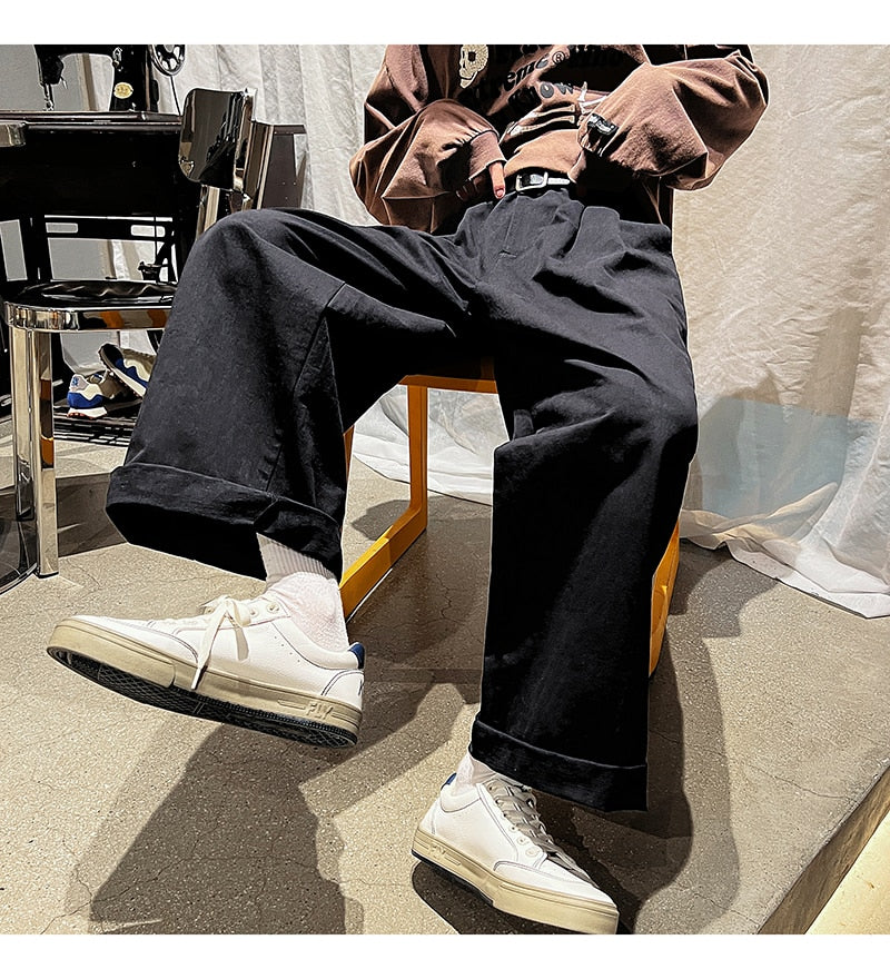 Bonsir Cotton Oversized Casual Pants Men Fashion Loose Wide Leg Pants Men Japanese Streetwear Hip Hop Straight Pants Mens Trousers