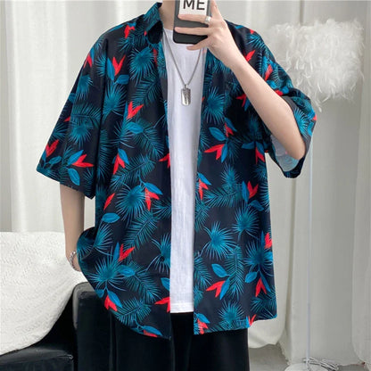 Bonsir Panelled Shirts Men Baggy Summer Printing Korean Style Hipster Half Sleeve All-match Daily Leisure High Street Slouchy Vitality