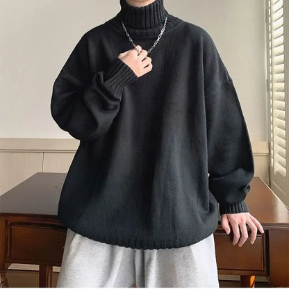 Bonsir Autumn Winter Fashion Men's Cool Boy Casual Loose Tess Knitted Pullover Turtleneck Sweater Soft Warm Thick