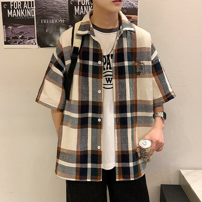 Bonsir New 100% Cotton Men Casual Plaid Shirt Short Sleeved Korean Style Fashion Striped Loose Harajuku Clothes Streetwear 2XL 3XL