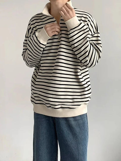 sanyamk  -  Striped Sweatshirts Men Chic High Street Loose O-Neck All-match Korean Style Casual Unisex Clothing Daily Simple Autumn College