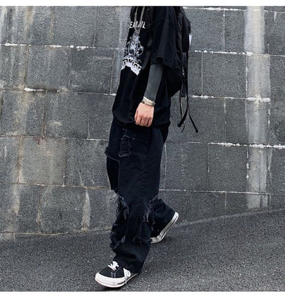 Bonsir High Street Dark Personality Destroys Raw Edge Fake Two Trendy Jeans Ripped Harajuku Punk Wide-leg Straight Denim Pants Black