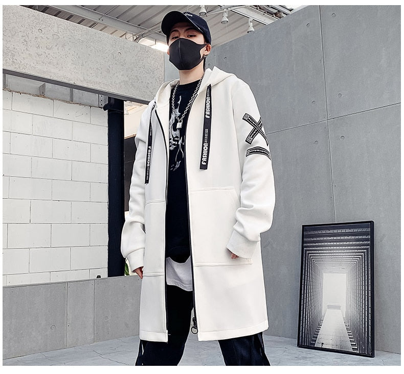 Bonsir Men's Harajuku Hooded Jackets Spring Autumn Print Windbreaker Ribbon Overcoat Outwear Hip Hop Male Casual Male Designer Clothing