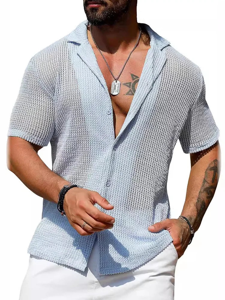 sanyamk Summer Short Sleeve Thin Knit Polos Tops Man Turn Down Collar Casual Daily Tee Shirt 2024 Sexy Hollow Out Male Button Polos