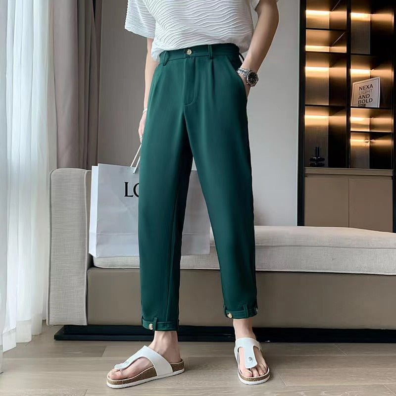 sanyamk Summer Men's Fashion Trend Ice Silk Fabric Suit Pants White/black/green Color Nine Point Casual Pants High-quality Trousers