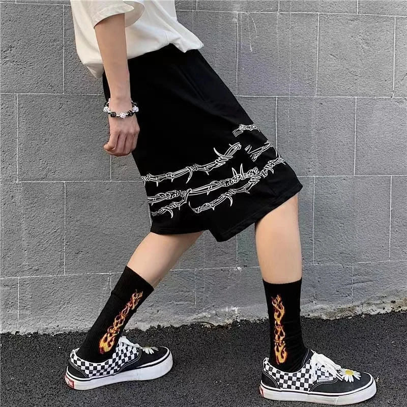 Bonsir Summer trend ins dark high street hip-hop print personality casual shorts men's elastic waist tie quick-drying pants