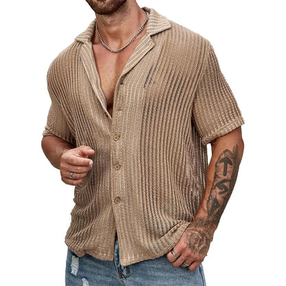 sanyamk Sexy Hollow Out Breathable Knitted Shirt Men Summer Beach See Through Casual Shirts Mens Short Sleeve Button Solid Color Shirts