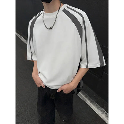 Bonsir Summer Cotton Short Sleeved T-shirt Men Oversized Casual Striped T Shirt Men Streetwear Korean Loose Round Neck T Shirt Mens Top