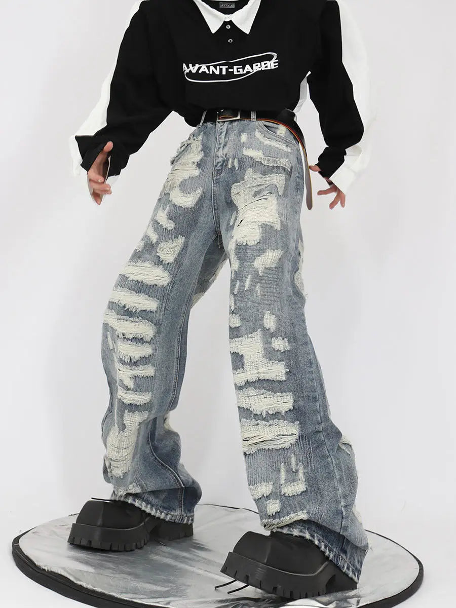 sanyamk Hip Hop Ripped Jeans Men High Street Male Distressed Denim Wide Leg Pants Casual Trousers Vintage Streetwear Loose