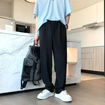 Bonsir Summer Pleated Pants Men Fashion Oversized Ice Silk Pants Men Japanese Streetwear Loose Straight Pants Mens Casual Trousers