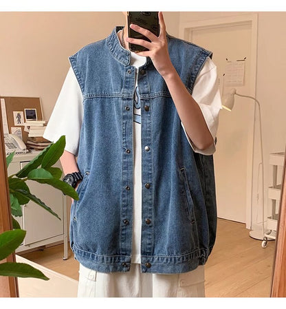 Bonsir Denim Sleeveless Jacket Men Fashion Oversized Harajuku Denim Jeans Casual Jeans Waistcoat Cowboy Hip Hop Streetwear Clothing