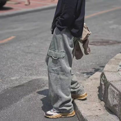 Bonsir Vintage Cargo Pants New Baggy Big Pockets Retro Jeans Men Loose Denim Streetwear Trousers Hip Hop Youth Casual Clothing