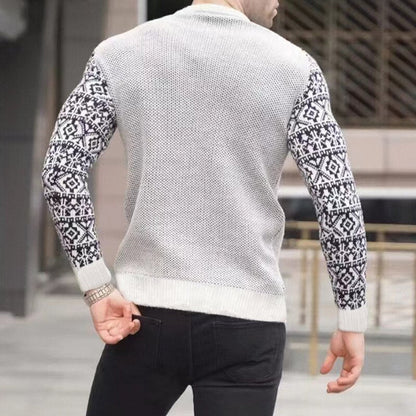 Bonsir Vintage Pattern Patchwork Long Sleeve Sweater Men Autumn Fashion Crew Neck Knitted Tops Pullover Mens Casual Slim Knit Sweaters