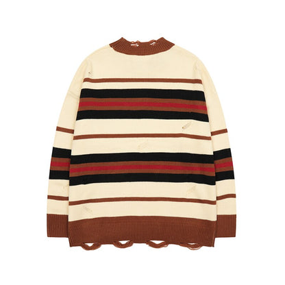 Bonsir Ripped Bottom Color Match Striped Pullover Men's Sweaters Harajuku Retro Streetwear Oversized Couple Knitted Winter Clothes