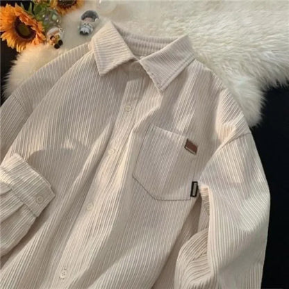 Bonsir Korean Fashion Long Sleeve Corduroy Sweatshirts Men Clothing Retro Spring and Autumn Casual Turn Down Collar Shirts