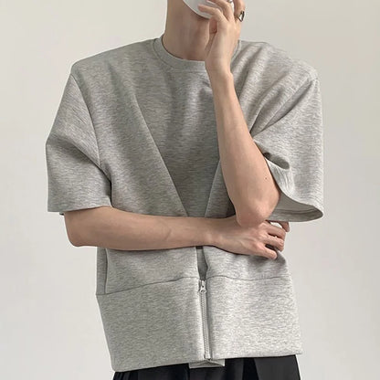 Bonsir Shoulder Pad Short Sleeve T Shirt Men's Retro Pullover Loose Design O Neck Top Half Sleeve Summer Zipper Half-sleeved Tees Shirt