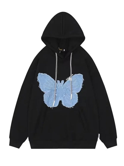 sanyamk Hiphop Vintage Butterfly Hoodie Fashion Women Denim Patch Fried Street Autumn Winter Plush Versatile Couple Sweatshirt Chic