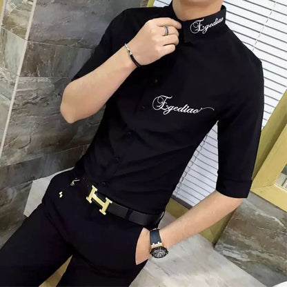 sanyamk Summer New Polo-neck Embroidery Casual Shirt Male 3/4 Sleeve Korean Fashion Buttons Blouse Hombre All-match Cardigan Tops Men