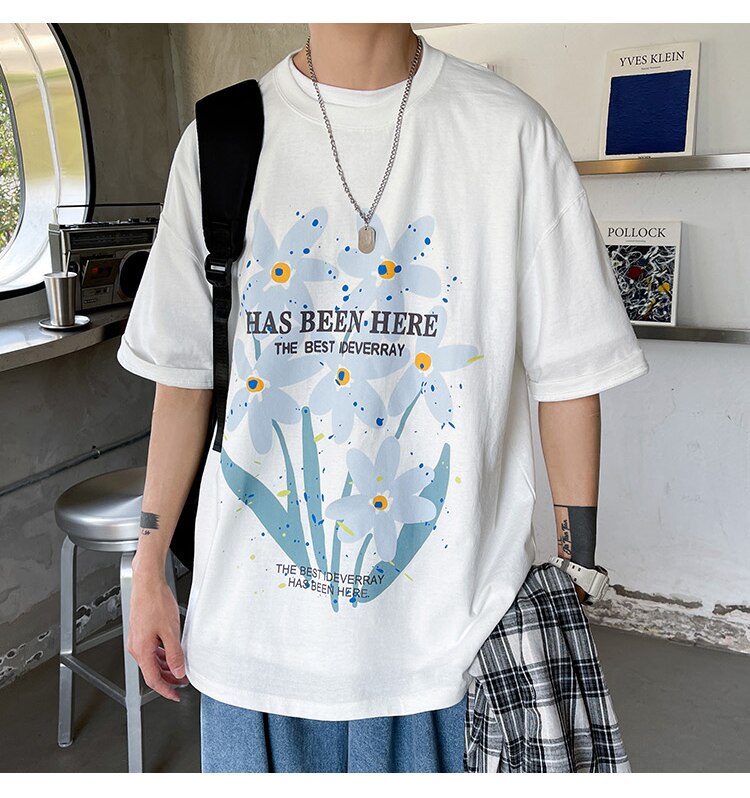 Bonsir Letter Flowers Print Summer Men Clothing Fashion Casual Harajuku Short Sleeve Tshirt XL 2XL Oversized Teenagers Streetwear