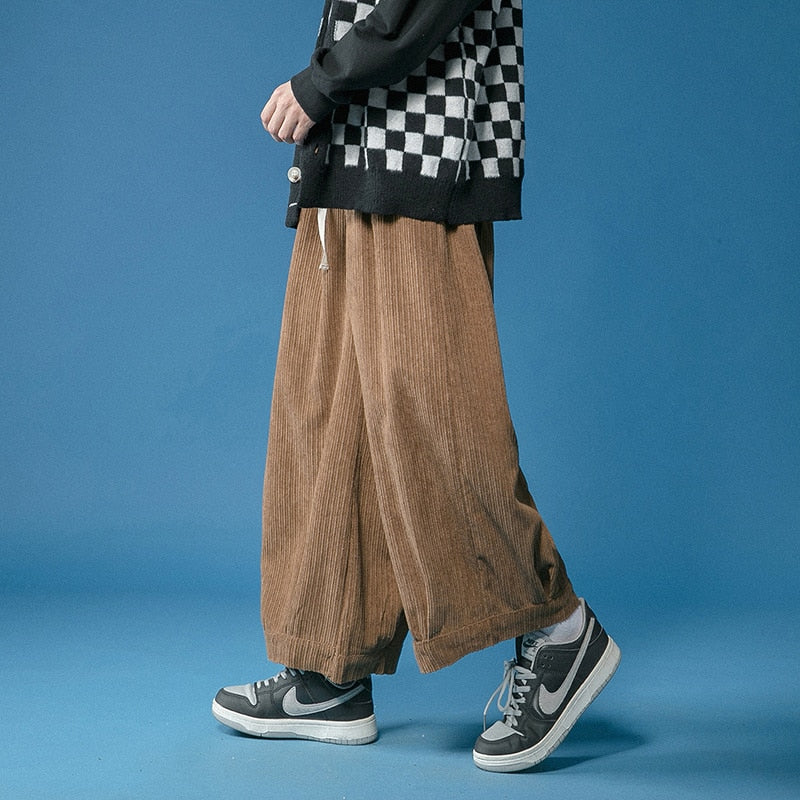 sanyamk Oversize Corduroy Pants Men Fashion Casual Wide Leg Pants Mens Japanese Streetwear Hip Hop Loose Straight Pants Mens Trousers