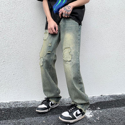 Bonsir Blue green Ripped Vintage Man's Distressed Jeans Streetwear Hole Hip Hop Jean Pants Summer Fashion Straight Denim Trousers