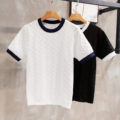 sanyamk Fashion Jacquard Knitted T-shirts For Men Summer short sleeved O-neck Contrast Color Patchwork Thin Tee Tops Casual Knitwear