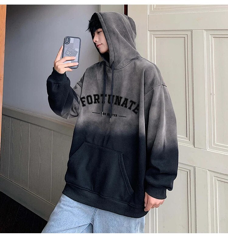 Bonsir Tie-dye Gradient Sweatshirt Men's Retro Hooded Oversize Jacket Spring Autumn Long Sleeves Letter Print Pocket Loose Hoodies Tops