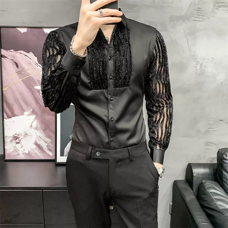 Bonsir Lace Hollow Shirts for Men Long Sleeve Slim Fit Streetwear Social Party Blouse Nightclub Singer Dj Clothing Camisas Para Hombre