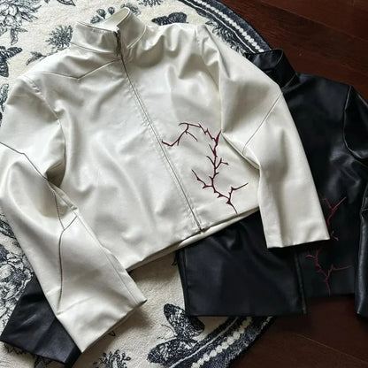 sanyamk Mens Thorn Three-Dimensional Embroidery Pu Leather Jacket Autumn Y2k Streetwear Fashion Versatile Jacket Men'S Clothing 2024