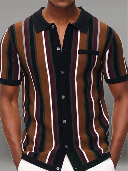 Bonsir Summer Short Sleeve Knitted Polo Shirt Casual Men Button-up Turn-down Collar Tops Mens Fashion Striped Polos Man Streetwear