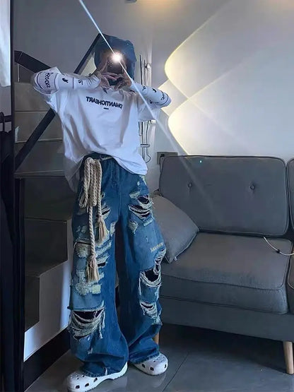 sanyamk Y2K Emo Vintage Streetwear Harajuku Ripped Baggy Gothic Pants Hip Hop Punk Fairy Grunge Jeans for Men Denim Trousers Alt Clothes