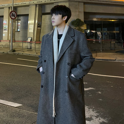 sanyamk Winter Long Trenchcoat Men Korean-style Solid Double Breasted Woolen Coat Loose Casual Trench Outwear Solid Color Overcoats