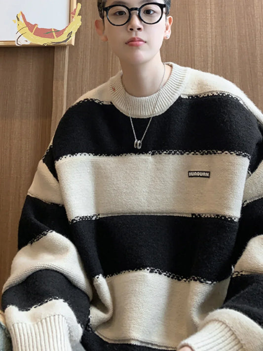 Bonsir Contrast striped round neck sweater for men's autumn and winter lazy style loose fitting youth casual bottom knit