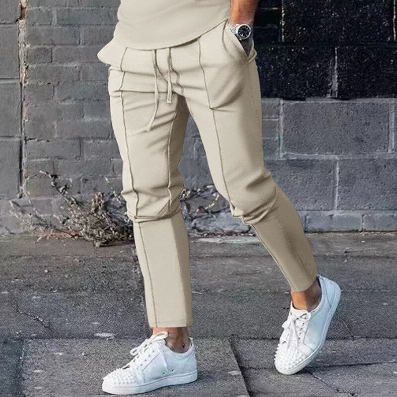 Bonsir  Autumn Sports Casual Pants Men Solid Straight Slim Long Pant Drawstring Mid Waist Tie-up Trousers Mens Fashion Streetwear