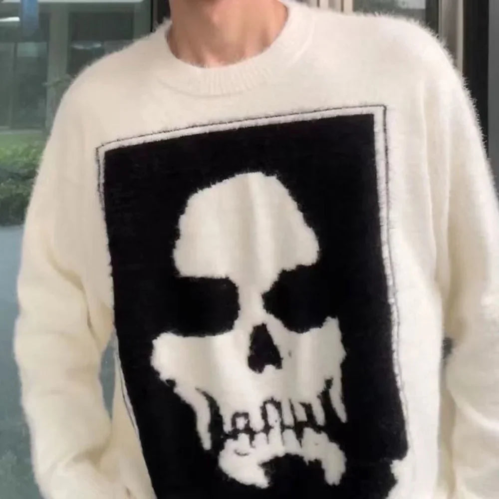 sanyamk Y2k High Street Skull Jacquard Sweater For Men And Women Autumn And Winter New Loose Couple Knitted Sweater Tops