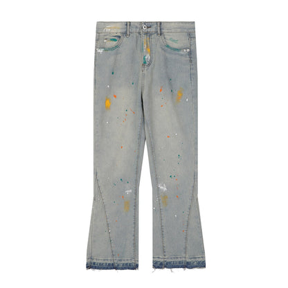 Bonsir High Street Wide Jeans Graffiti Micro Horn Jeans Vintage Hip Hop Denim Flared Pants Men Fashion Speckle Ink Wide Leg Washed Jean