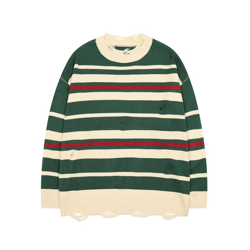 Bonsir Ripped Bottom Color Match Striped Pullover Men's Sweaters Harajuku Retro Streetwear Oversized Couple Knitted Winter Clothes