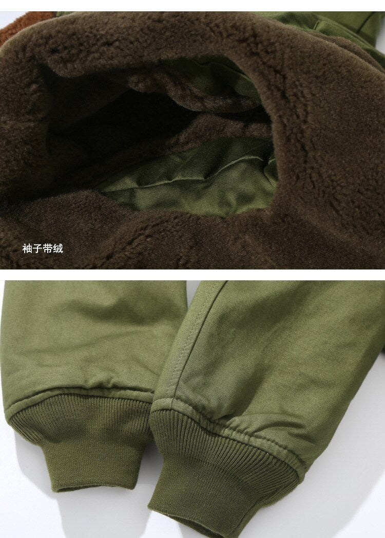 Bonsir Winter Men Vintage Bomber Jacket Army Green Warm Fur Collar Fleece Thicken Outdoor Casual Loose Zipper Pockets Male Cotton Coats