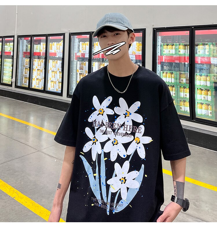 Bonsir Letter Flowers Print Summer Men Clothing Fashion Casual Harajuku Short Sleeve Tshirt XL 2XL Oversized Teenagers Streetwear