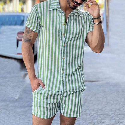 sanyamk Vacation Casual Shirt Set Men's Summer New Fashion Stripe Contrast Color Print Lapel Short Sleeve Top Shorts Two-piece Set